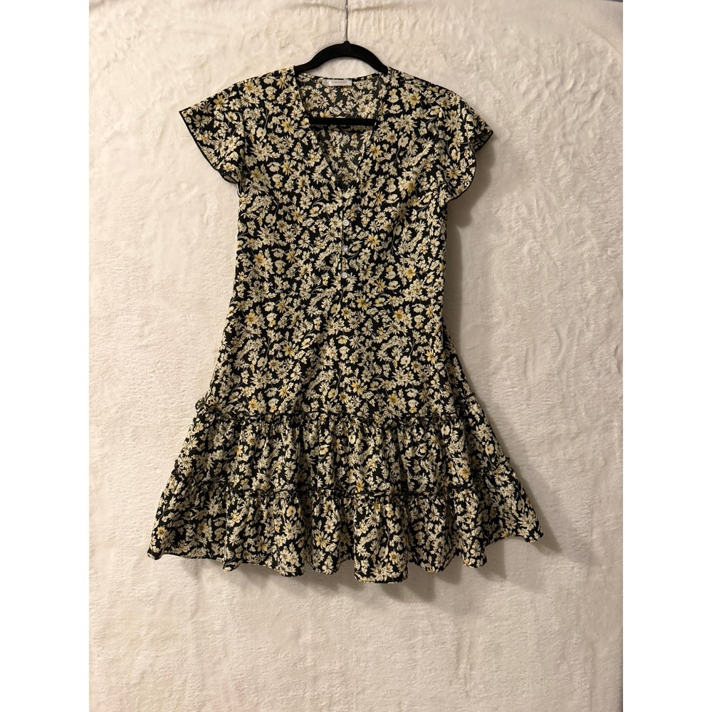 Kirundo‎ Floral V-Neck Mini Dress Black Yellow Daisy Tiered Ruffle Skirt Small
